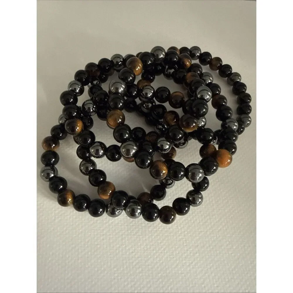 Set of 6 Tiger’s Eye Pattern and Hematite Finish Stretch Bracelets